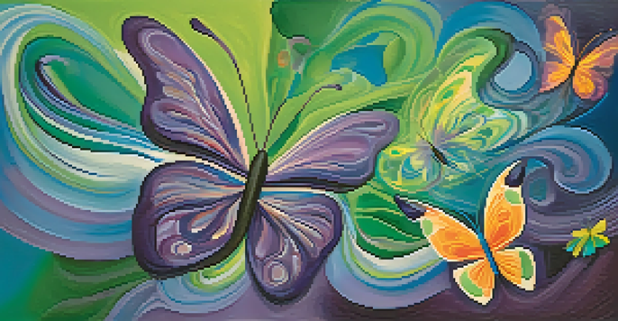 An abstract image representing emotional healing with colorful swirls and butterfly shapes symbolizing growth.