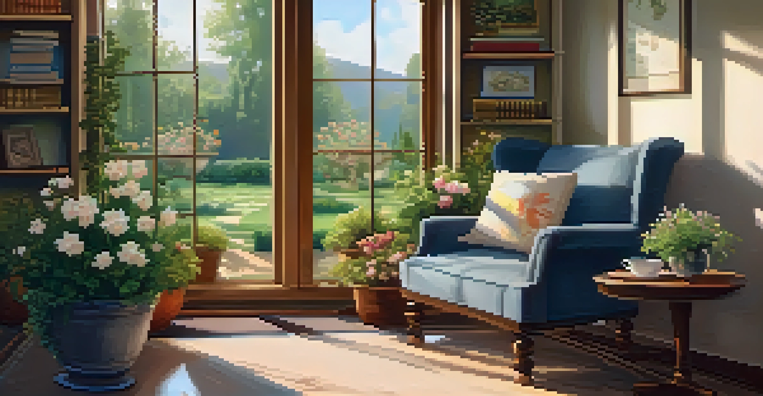 A cozy reading nook with an armchair, tea, and a view of a garden outside the window.