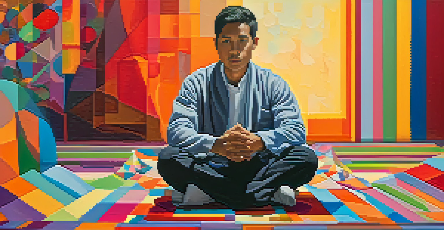 A person meditating on an abstract rug with colorful geometric shapes floating around them, illuminated by soft light.