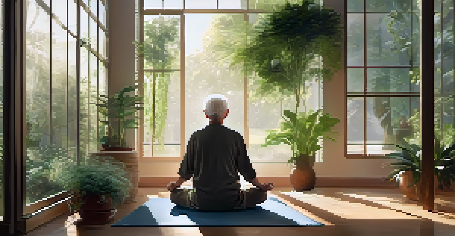 An elderly person meditating in a bright room surrounded by plants, with sunlight streaming through windows, creating a peaceful atmosphere.