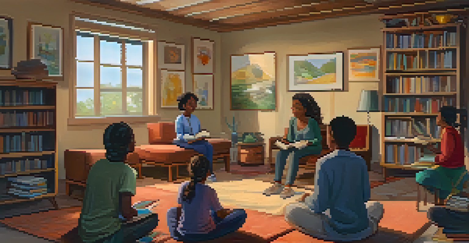 A warm room with various resources for integration, where a facilitator is leading a discussion among participants, promoting a sense of safety and respect.