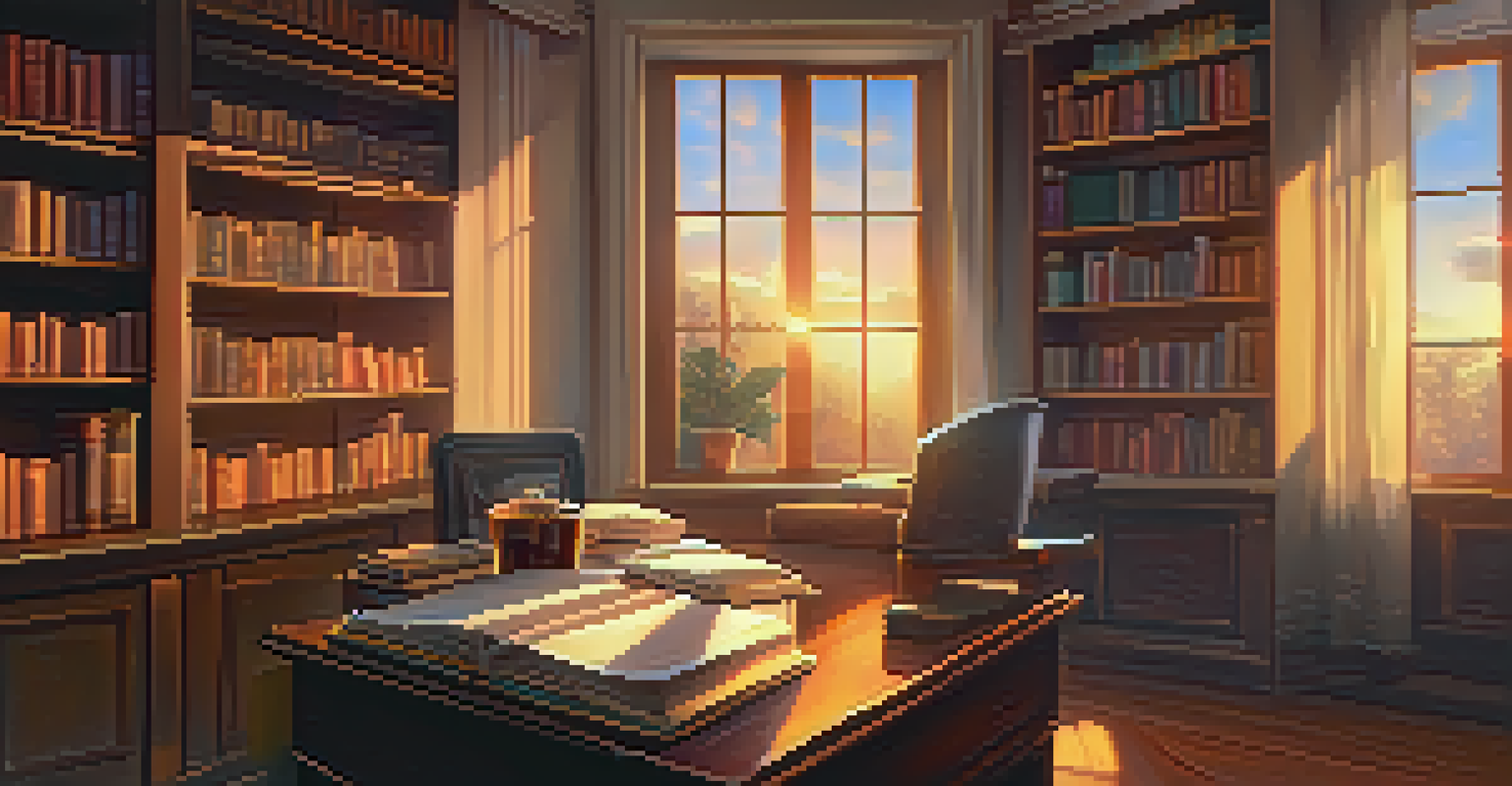 A warm and inviting study room with books, a desk, and a sunset visible through the window.
