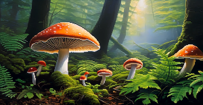 A peaceful forest with sunlight shining through trees, colorful mushrooms on the ground, and mist in the air.