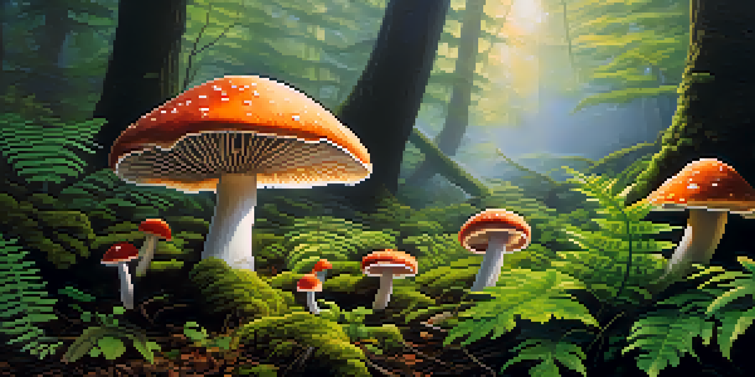 A peaceful forest with sunlight shining through trees, colorful mushrooms on the ground, and mist in the air.