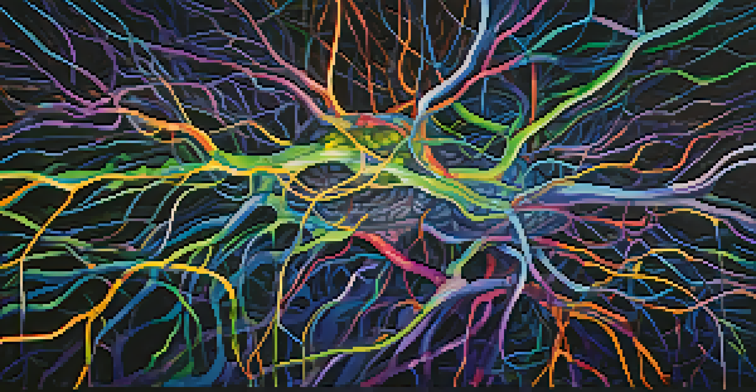An abstract depiction of a brain with vibrant neural connections in bright colors against a dark background, representing thought and emotion.