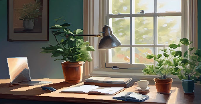 A cozy home office with natural light, featuring a wooden desk, a potted plant, and a cup of tea.
