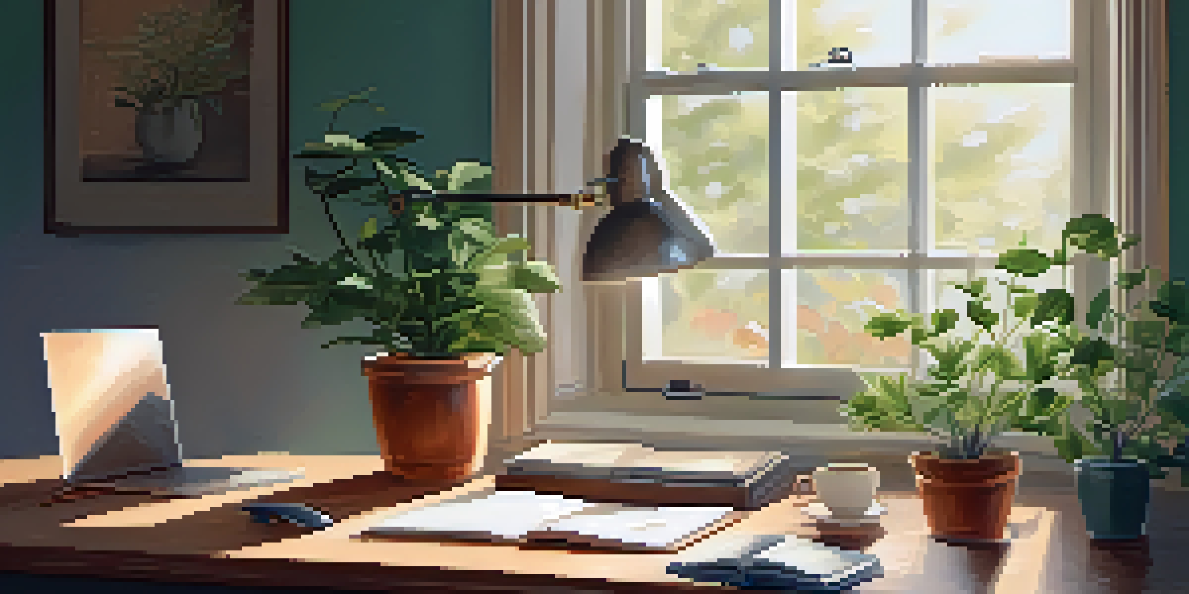 A cozy home office with natural light, featuring a wooden desk, a potted plant, and a cup of tea.