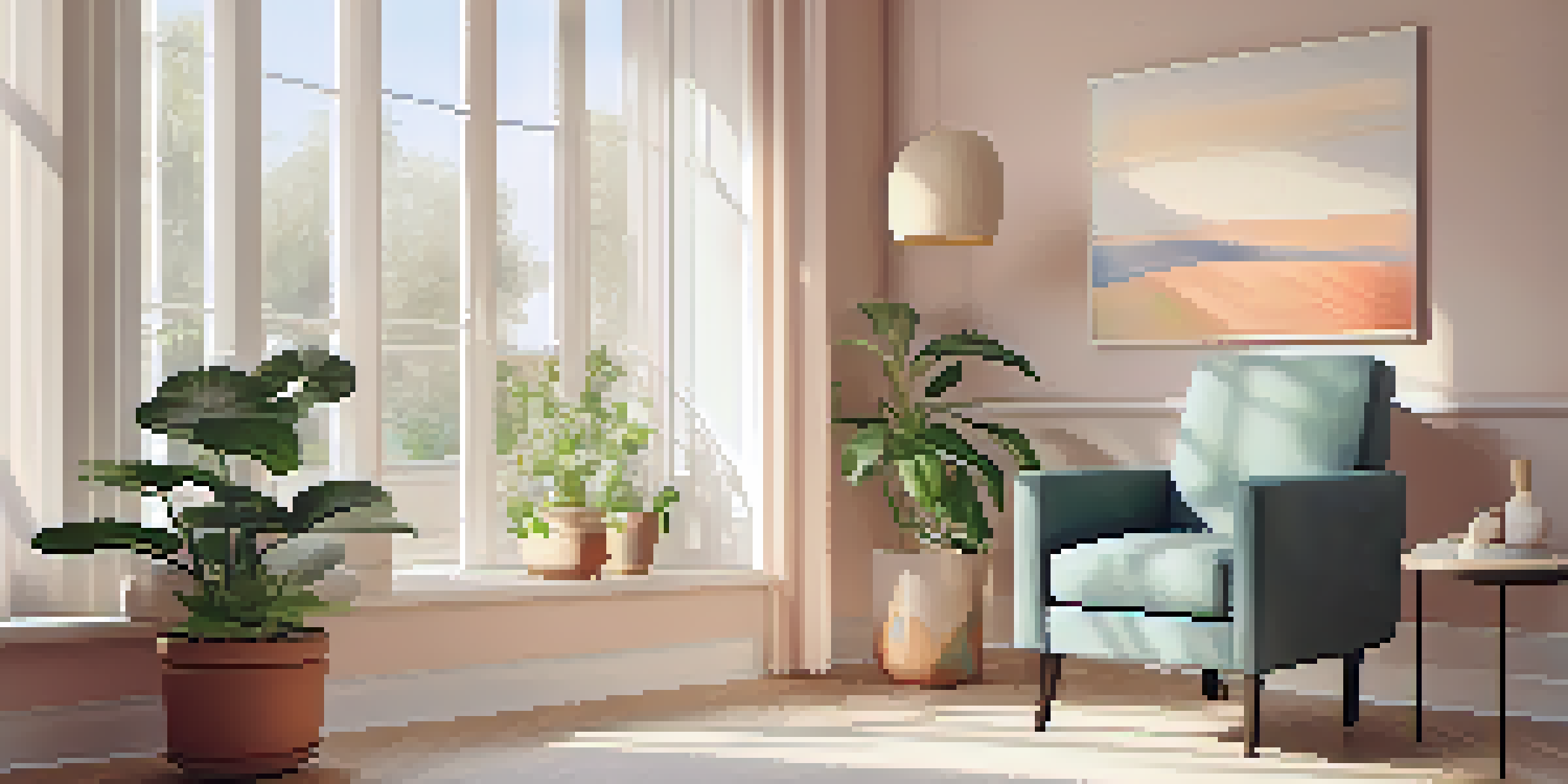 A cozy therapy room with soft lighting, an armchair, and calming artwork on the walls.