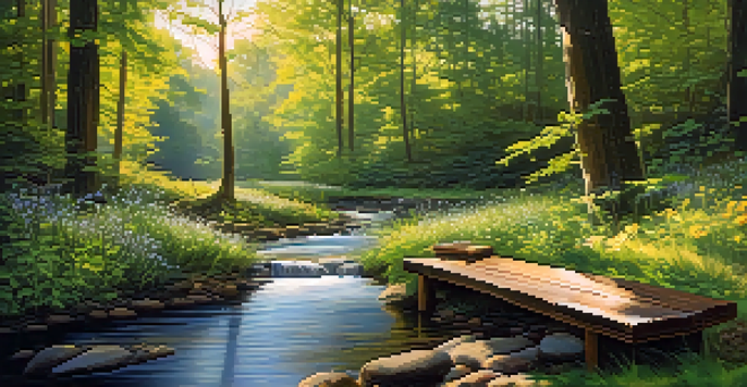 A peaceful forest with sunlight shining through the trees, a stream flowing, and a wooden bench surrounded by greenery and flowers.