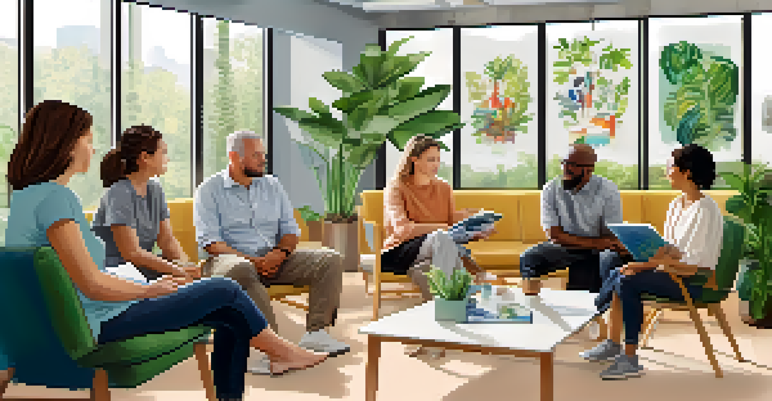 A facilitator leading a therapy group indoors, with participants attentively engaged in discussion, surrounded by bright decor and plants.