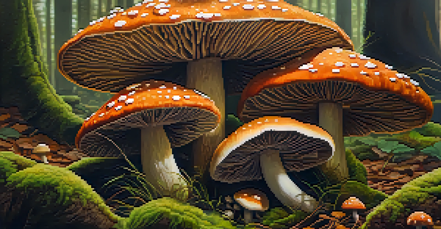 A close-up view of colorful mushrooms surrounded by moss and leaves in a forest.