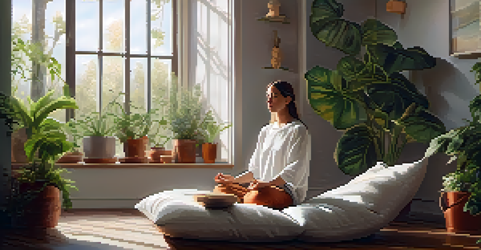 A person meditating in a softly lit room filled with plants and cushions, radiating calmness.
