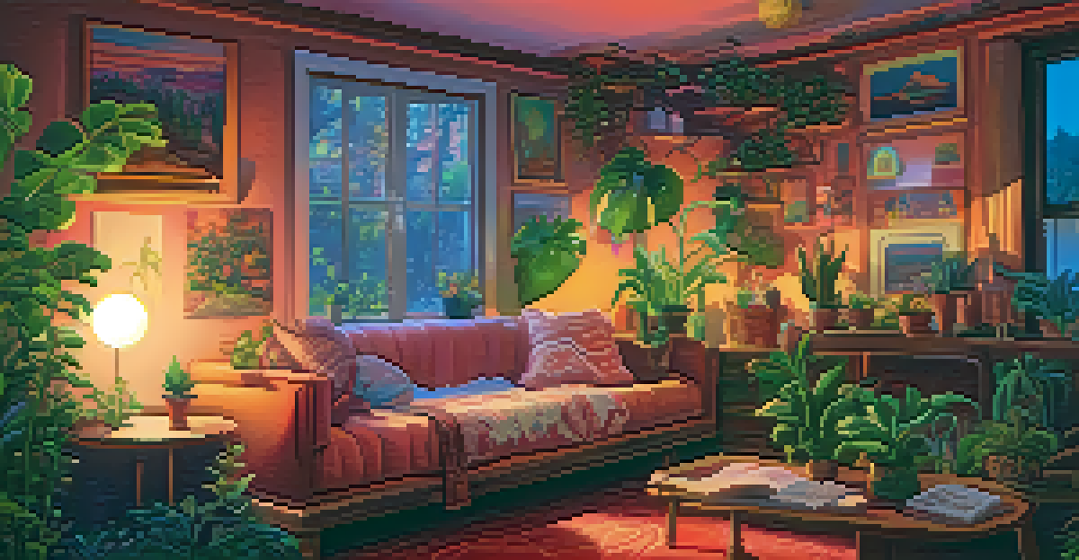 A cozy room with soft cushions, warm lighting, and plants, designed for relaxation and introspection.