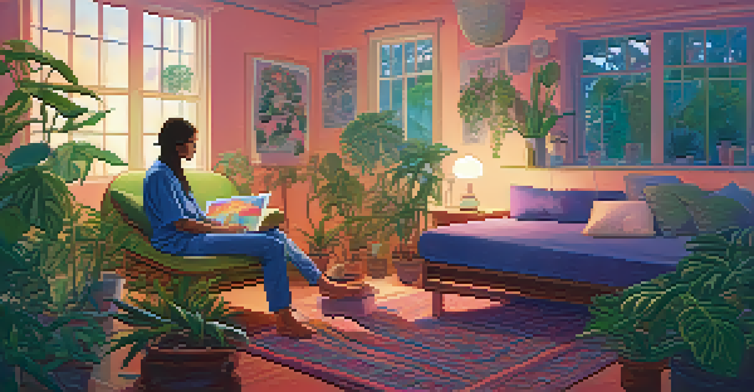 A participant in a calming room during a psychedelic research study, with a supportive professional nearby.