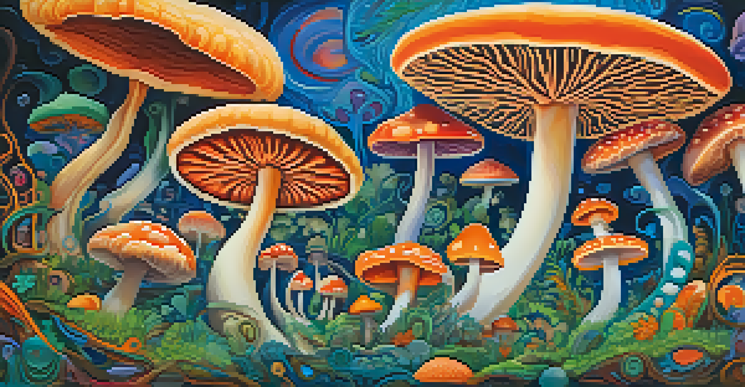 A vibrant psychedelic mushroom surrounded by swirling patterns and colors, creating a dreamlike atmosphere.