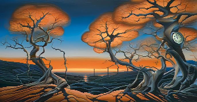 A surreal scene with melting clocks on twisted trees against a twilight sky, showcasing vibrant colors and a dreamlike feel.