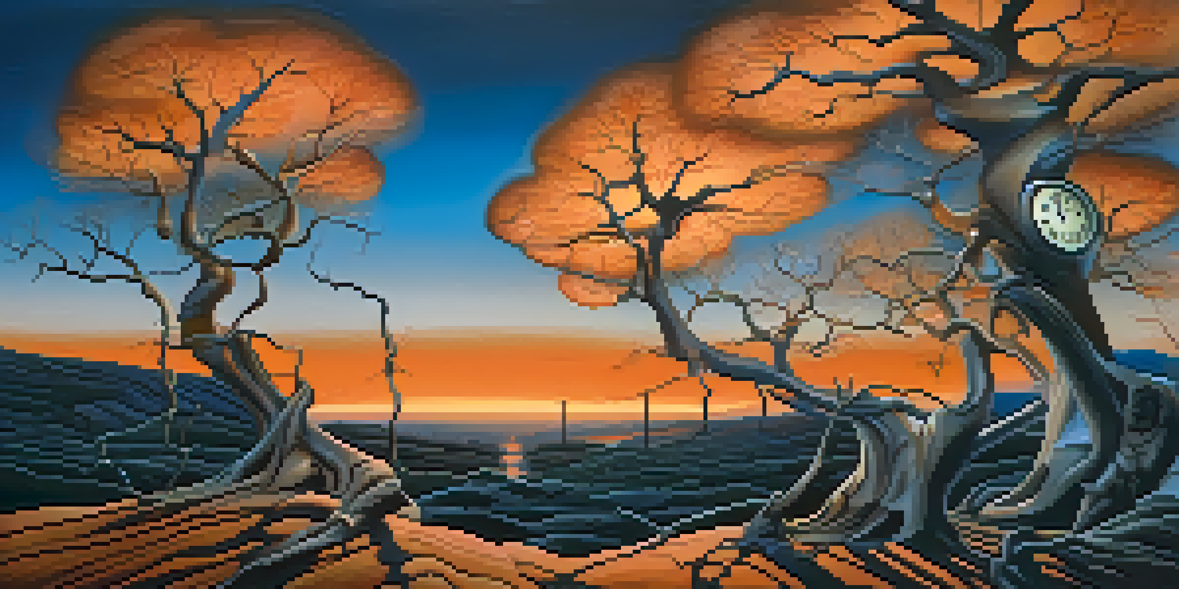 A surreal scene with melting clocks on twisted trees against a twilight sky, showcasing vibrant colors and a dreamlike feel.