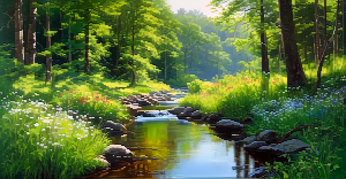 A peaceful forest scene with sunlight shining through the trees, a flowing stream, and colorful wildflowers in the foreground.