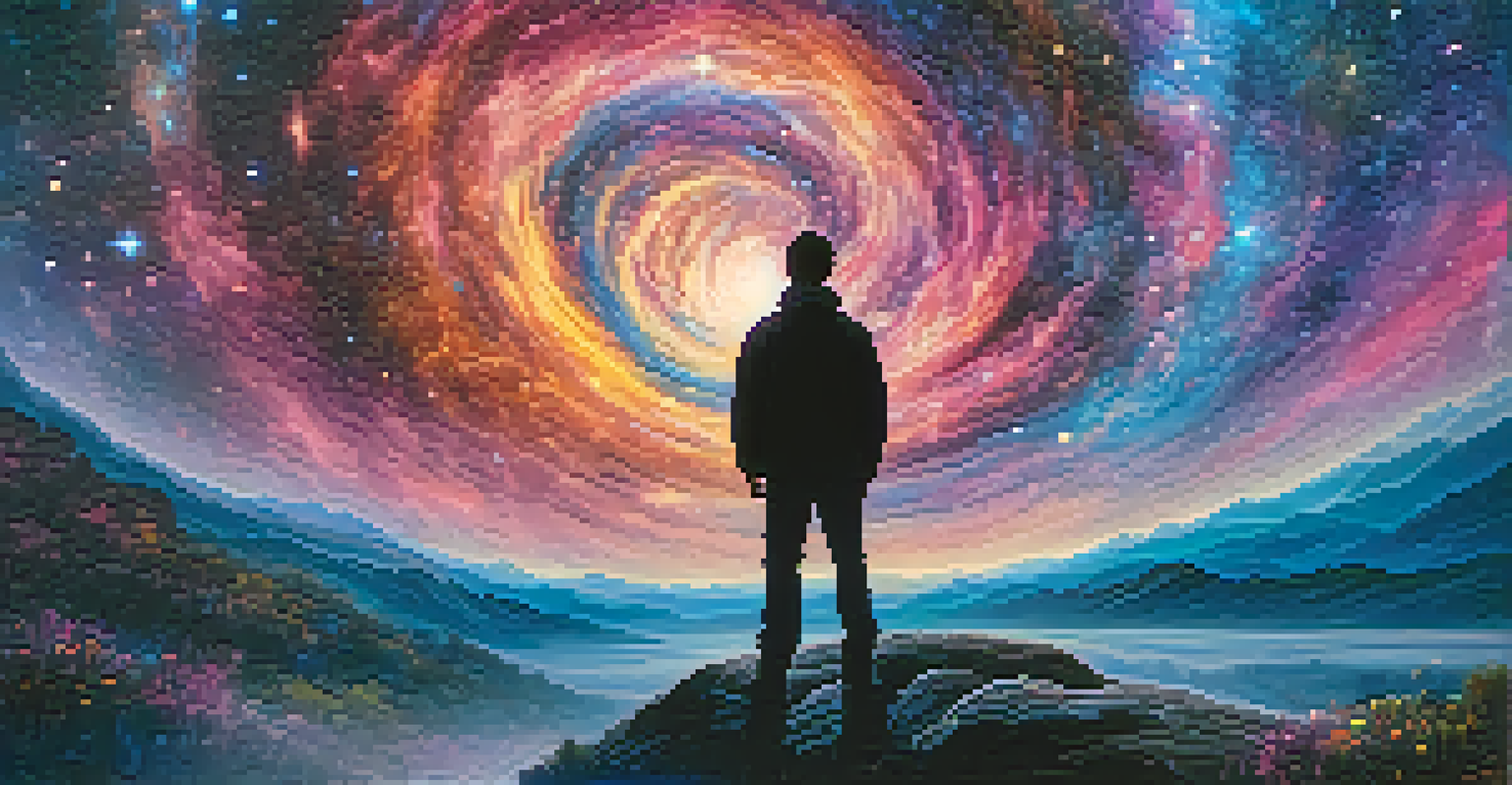 A silhouette of a person gazing at a vibrant galaxy filled with colorful nebulae and stars.