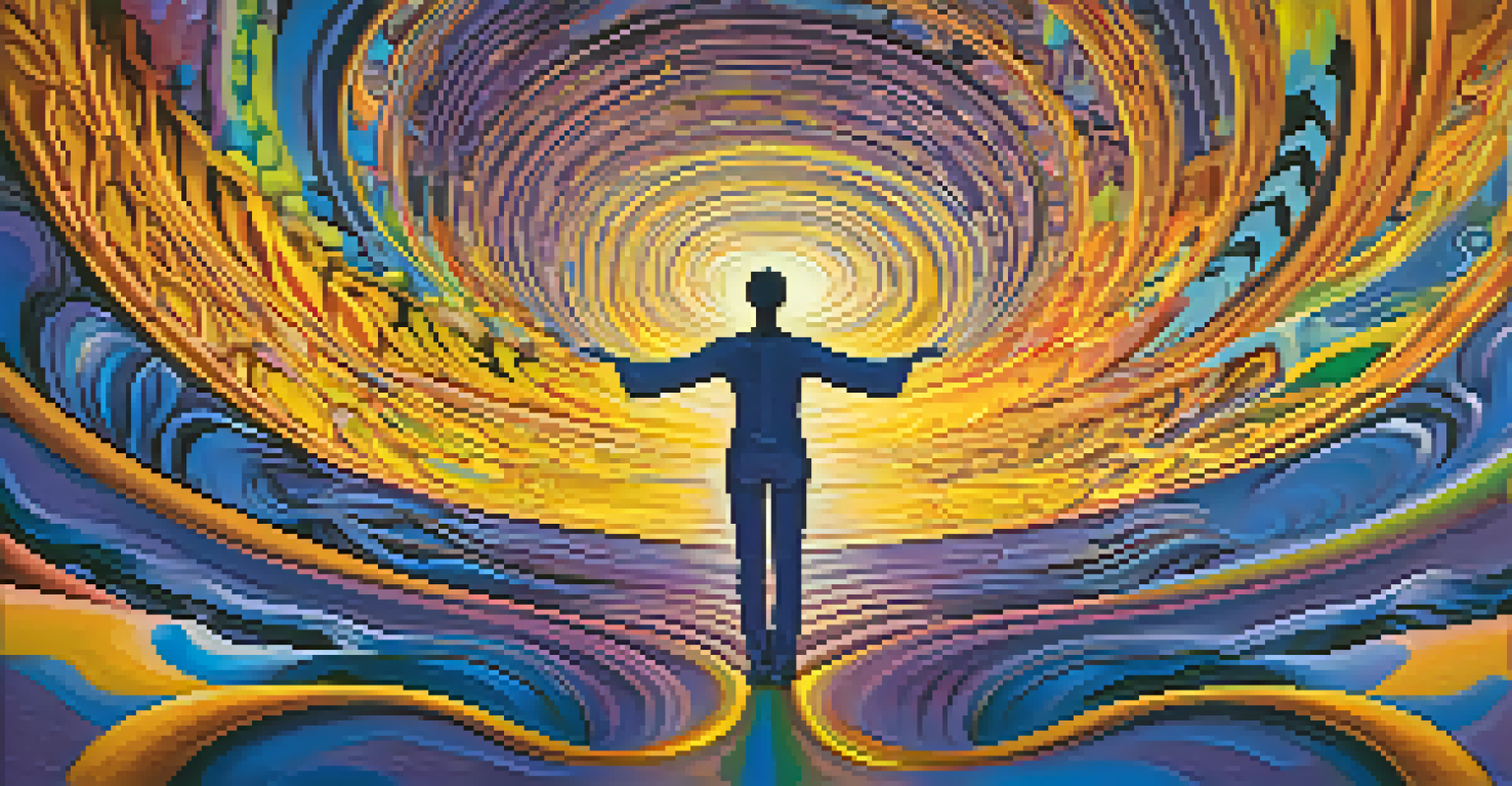 An abstract design with swirling colors and shapes, depicting a hallucinogenic journey with a silhouette of a person.