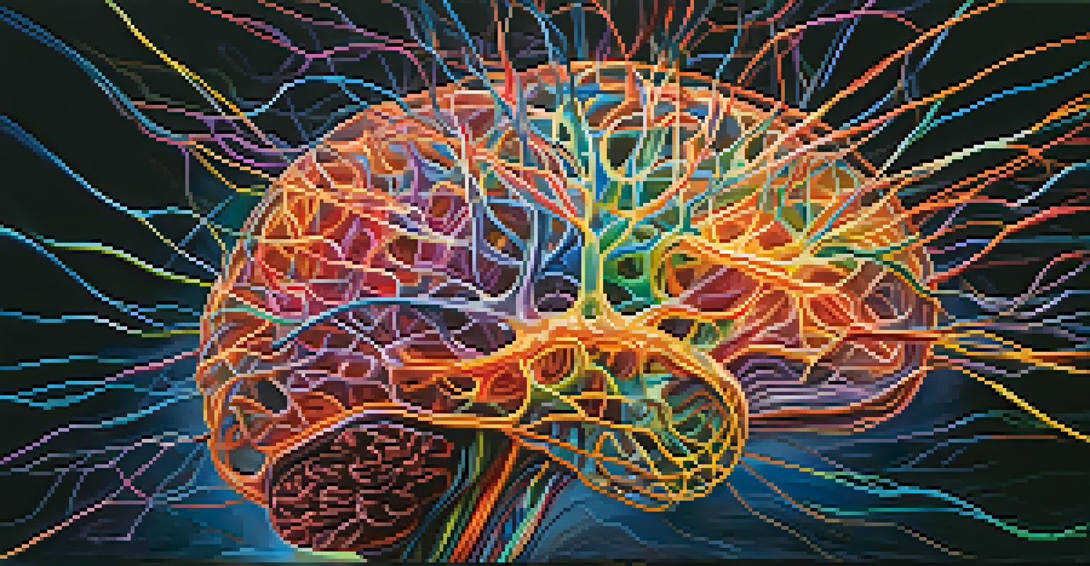 An artistic depiction of the human brain with colorful neural pathways, highlighting the intricate connections within the brain.