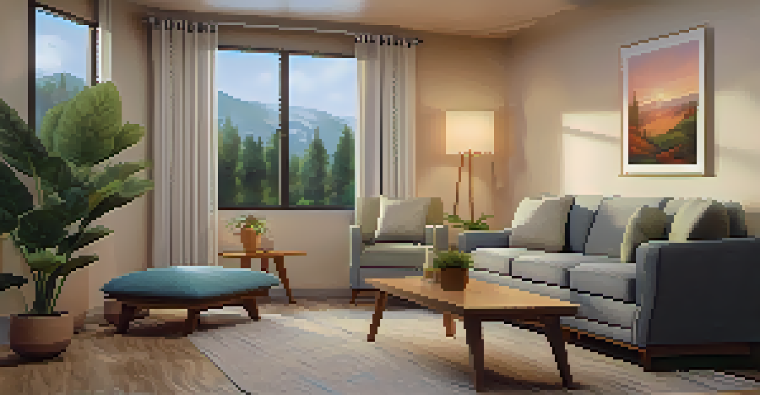 A cozy therapy room with comfortable seating, calming artwork, and soft lighting, designed for hallucinogen-assisted therapy.