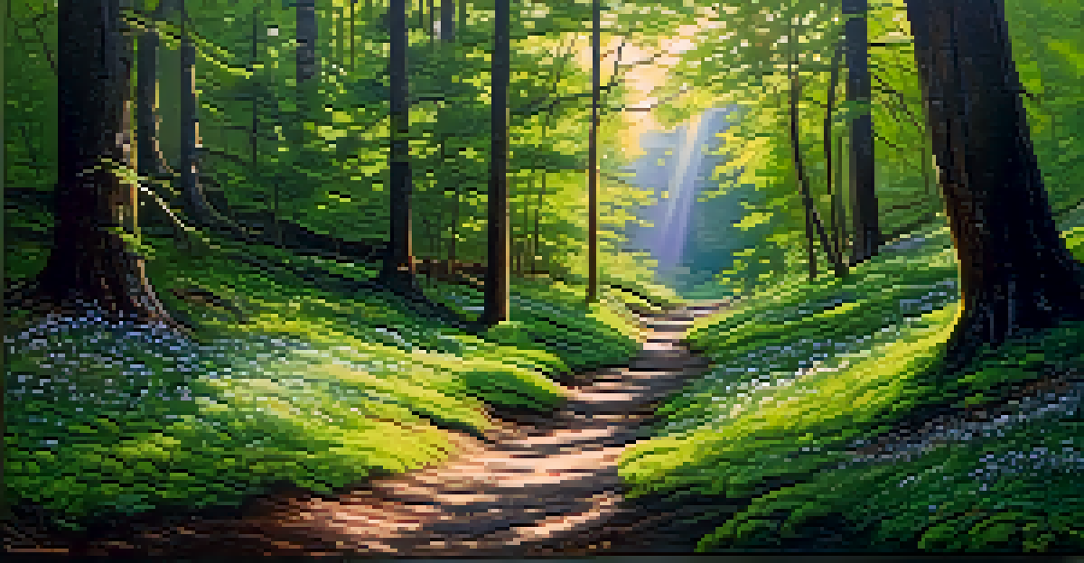 A tranquil forest scene with sunlight filtering through trees, illuminating a pathway covered in green moss and wildflowers.