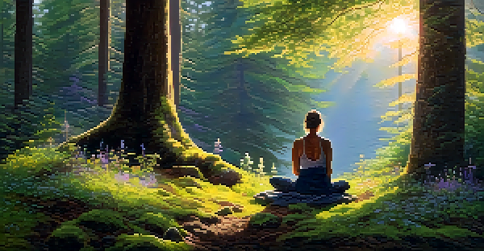 A person meditating in a tranquil forest, with sunlight filtering through the trees and colorful wildflowers in the foreground.