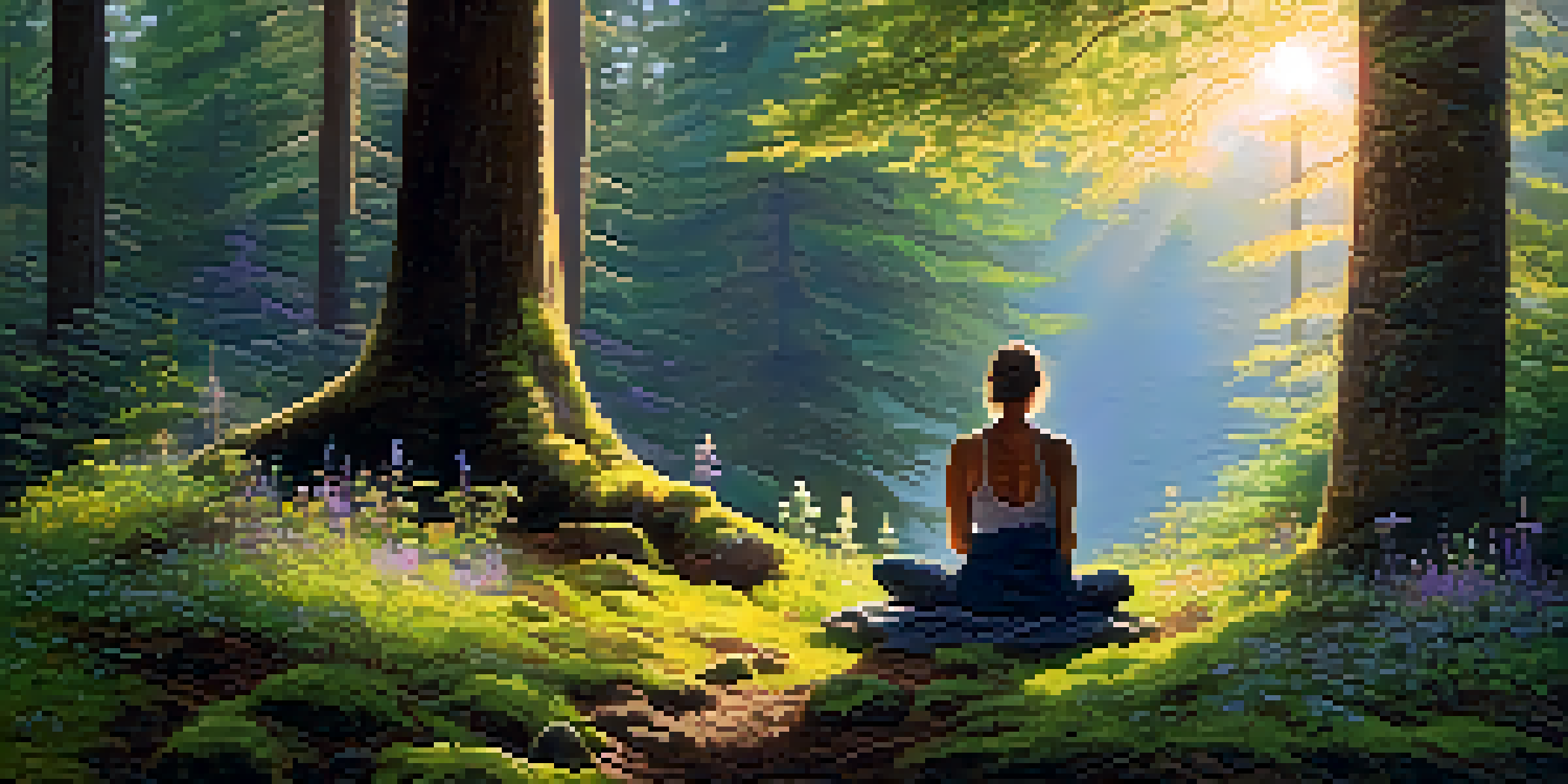 A person meditating in a tranquil forest, with sunlight filtering through the trees and colorful wildflowers in the foreground.