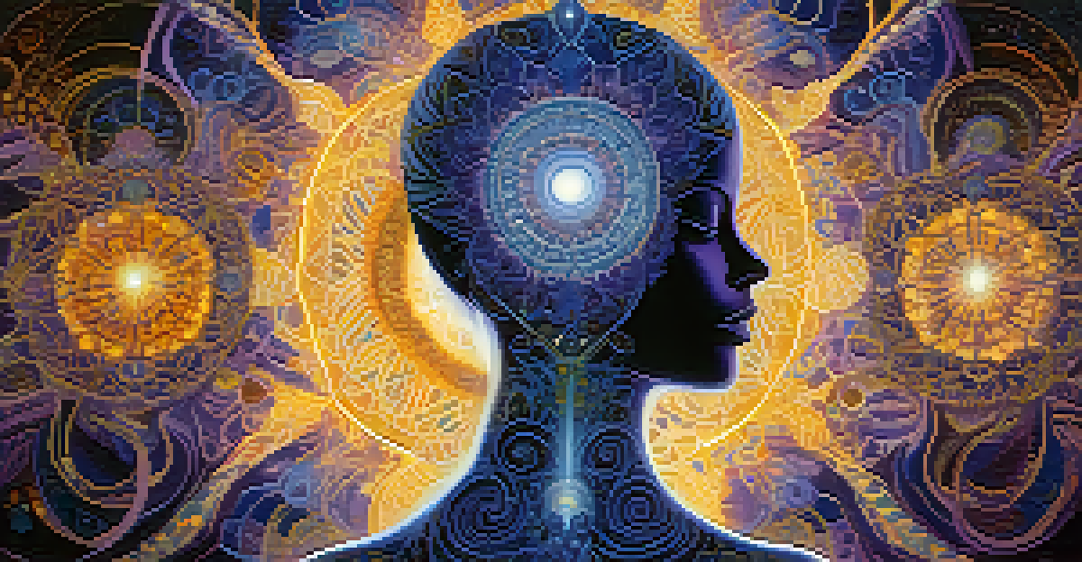 An abstract human silhouette surrounded by intricate fractal patterns and glowing mandalas, symbolizing consciousness expansion.