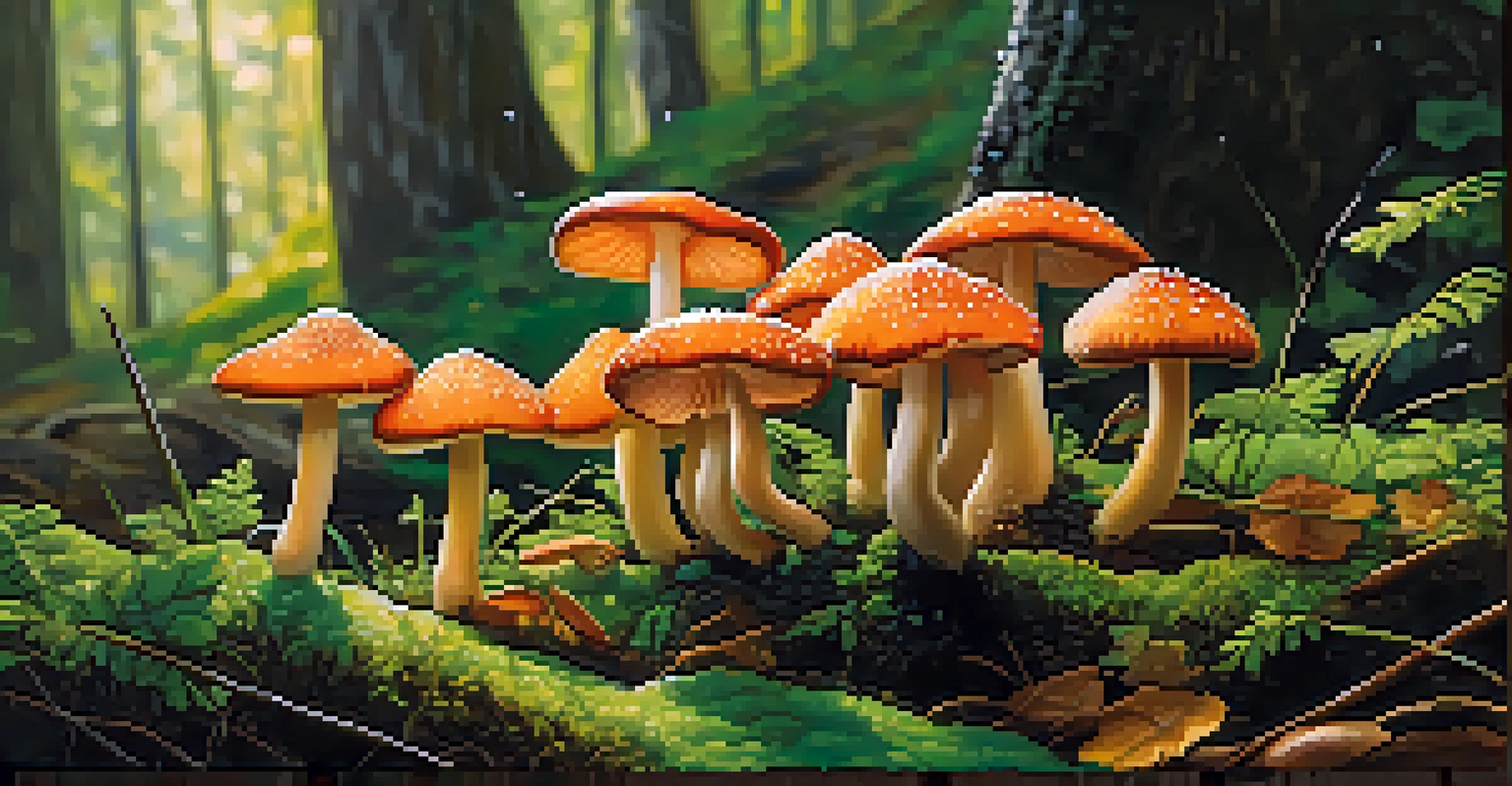 Colorful mushrooms in a green forest with dew drops and sunlight creating shadows on the ground.