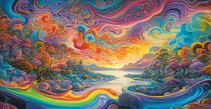 A vibrant, colorful psychedelic landscape with swirling patterns and vivid colors, featuring ethereal clouds and flowing rivers of light.