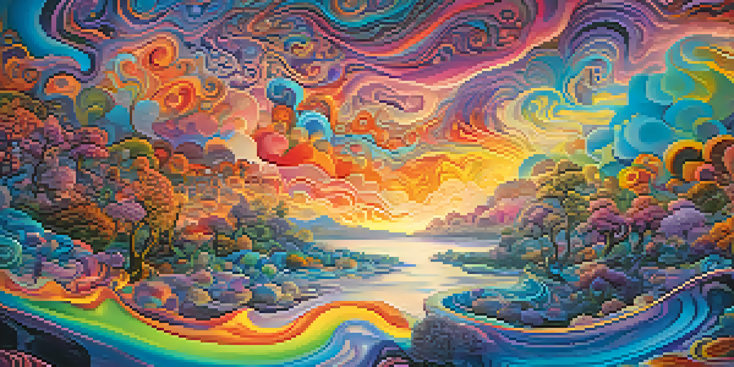 A vibrant, colorful psychedelic landscape with swirling patterns and vivid colors, featuring ethereal clouds and flowing rivers of light.
