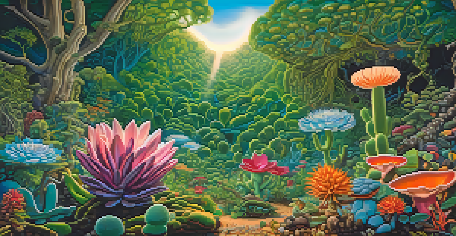 Various hallucinogenic plants including peyote, ayahuasca vines, and psilocybin mushrooms in their natural environments.
