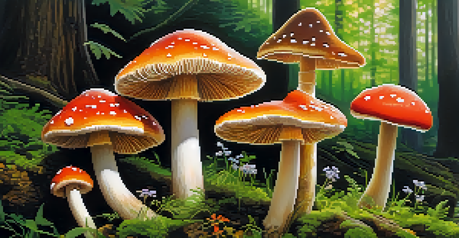 Colorful mushrooms growing in a lush forest with sunlight filtering through the trees.