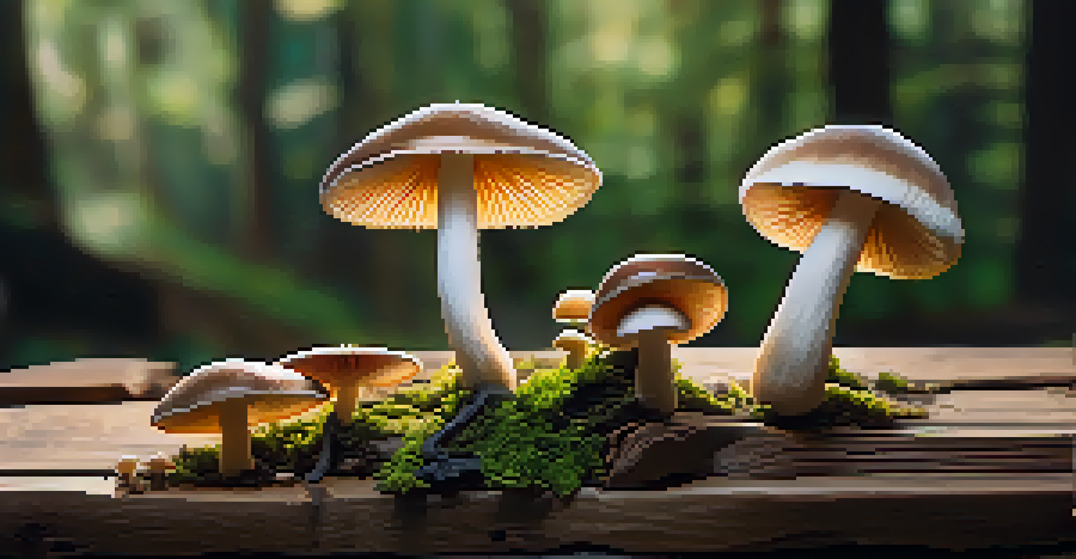 A close-up image of psilocybin mushrooms on a wooden table with soft natural lighting and blurred greenery in the background.