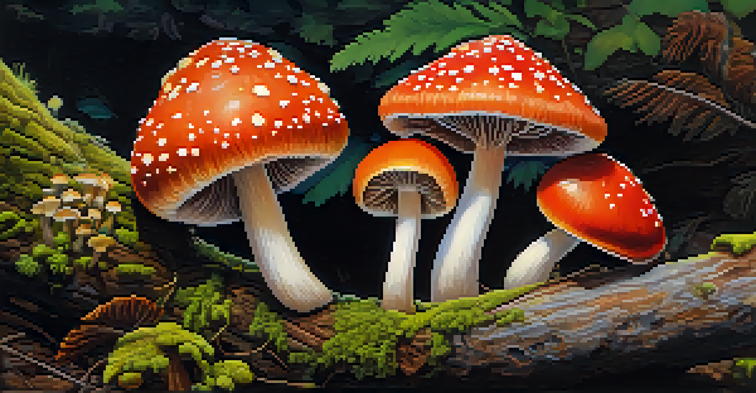 Close-up of hands holding colorful mushrooms on a mossy log.