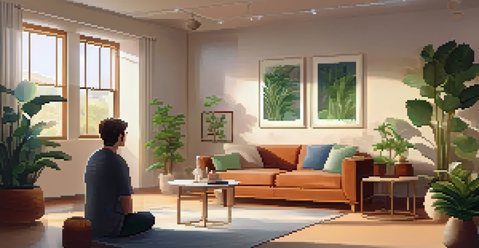 A therapy room with soft lighting, a couch, plants, and a therapist and patient in conversation.
