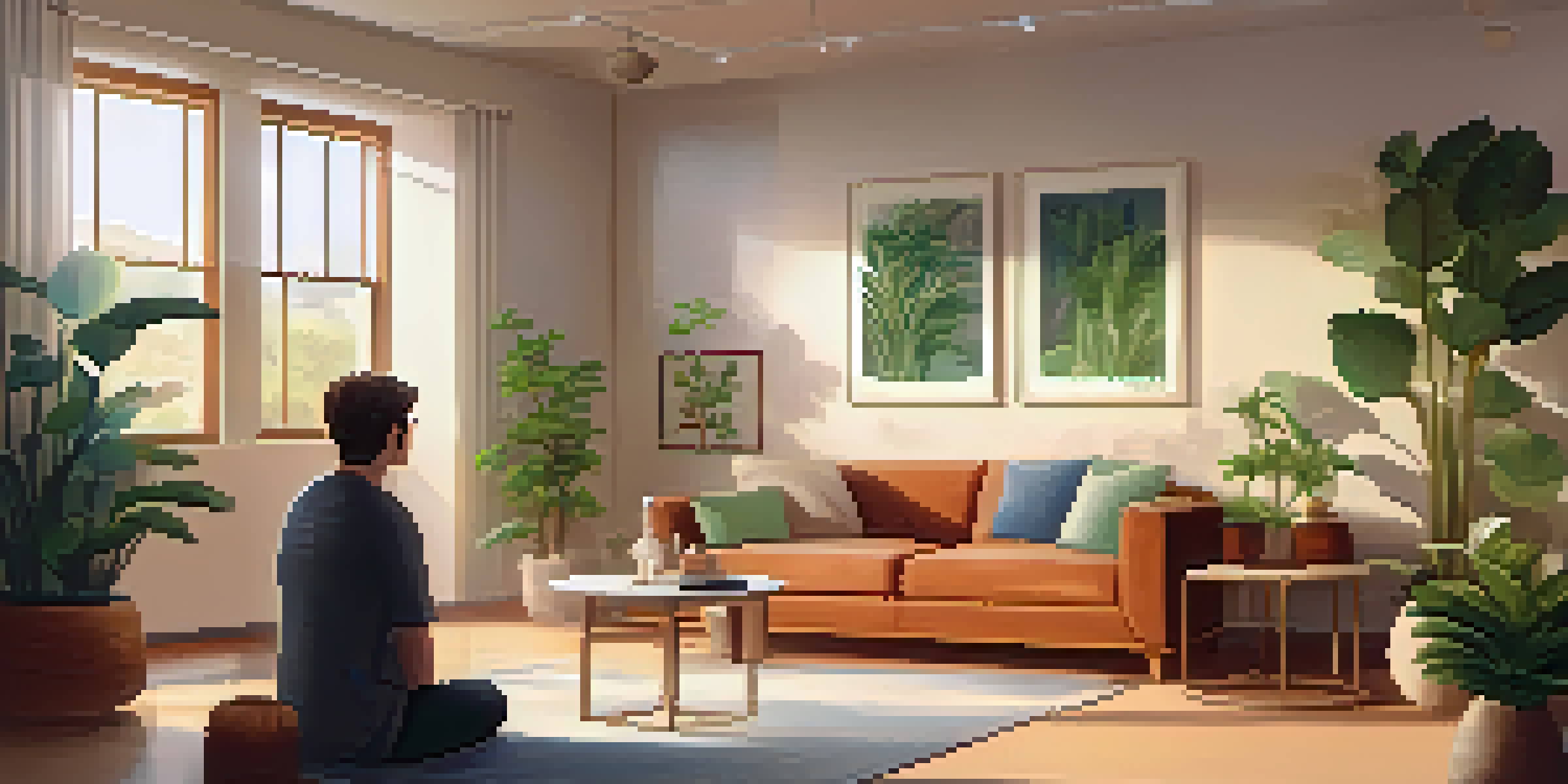 A therapy room with soft lighting, a couch, plants, and a therapist and patient in conversation.