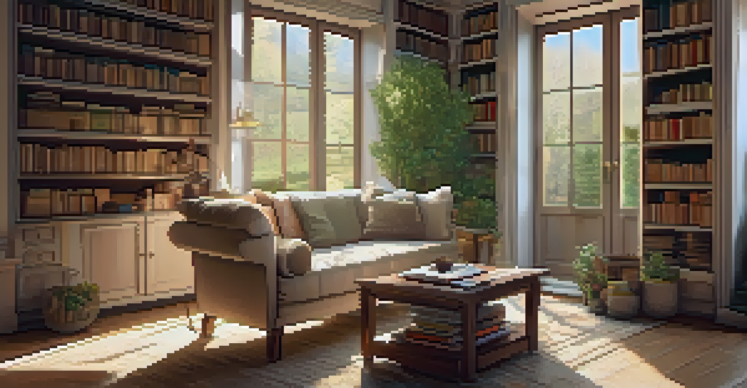 A cozy room with a plush armchair, soft lighting, and shelves of books, featuring a small table with a cup of tea.