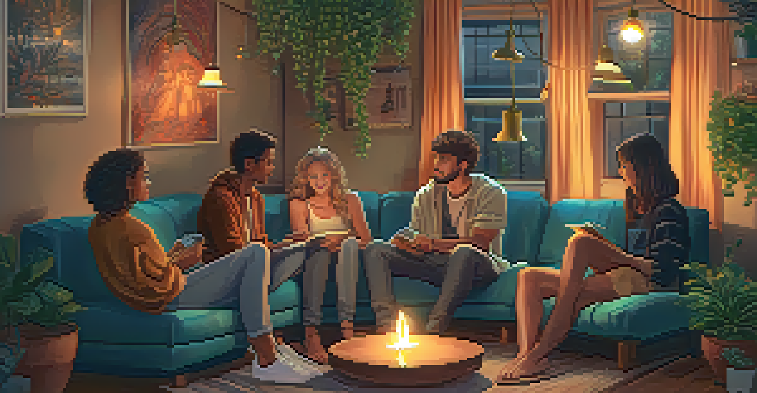 A cozy indoor gathering of friends in a warmly lit space, creating a supportive atmosphere.