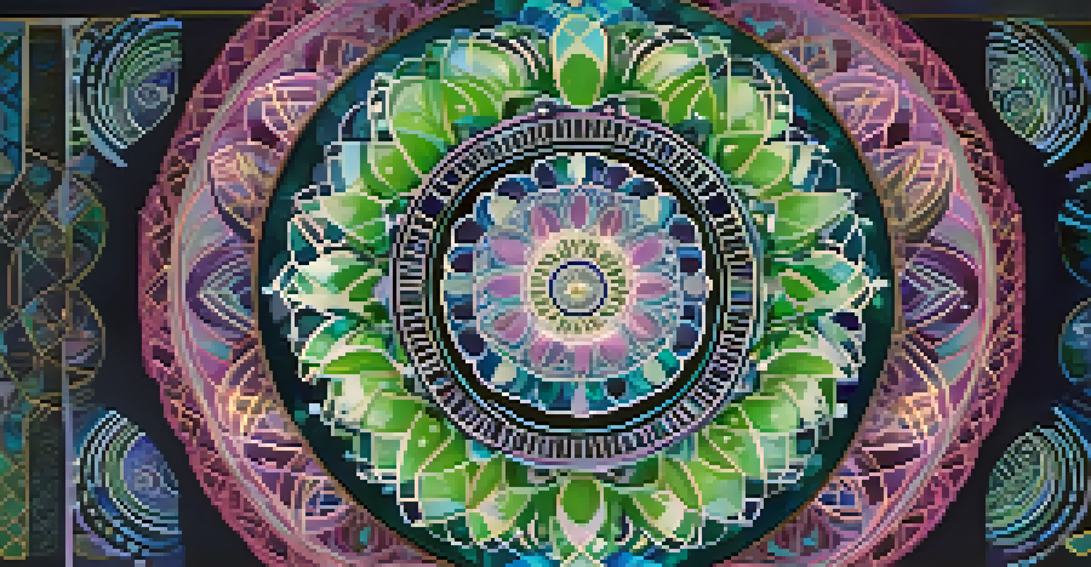 An abstract mandala design in calming colors representing healing and transformation.