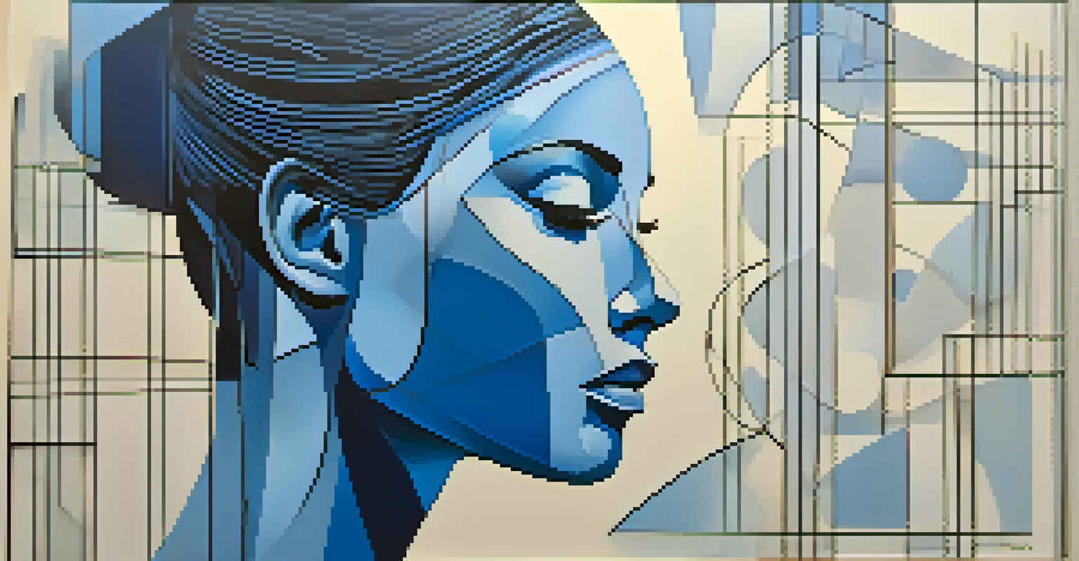 A portrait of a woman in deep blue tones, reflecting emotional depth with abstract shapes.