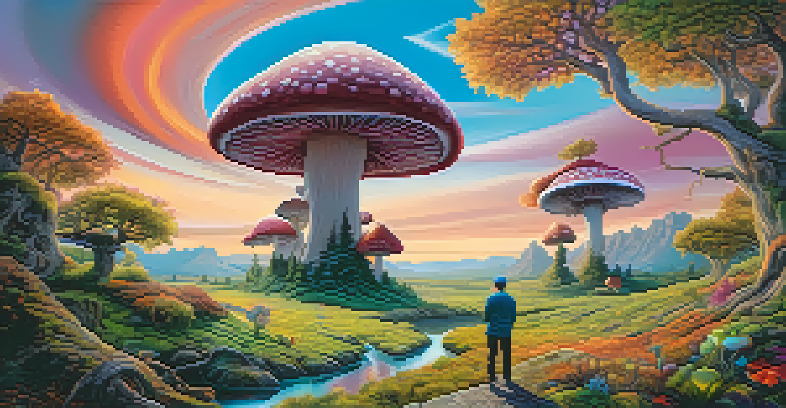 A surreal landscape with oversized mushrooms and twisting trees, featuring a figure gazing at the vibrant, colorful sky.