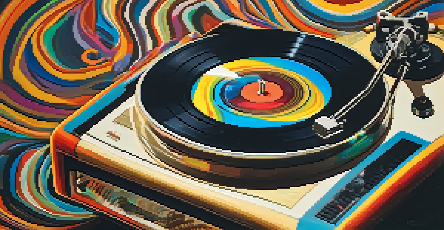 A vintage record player with a spinning vinyl record and colorful psychedelic patterns around it.