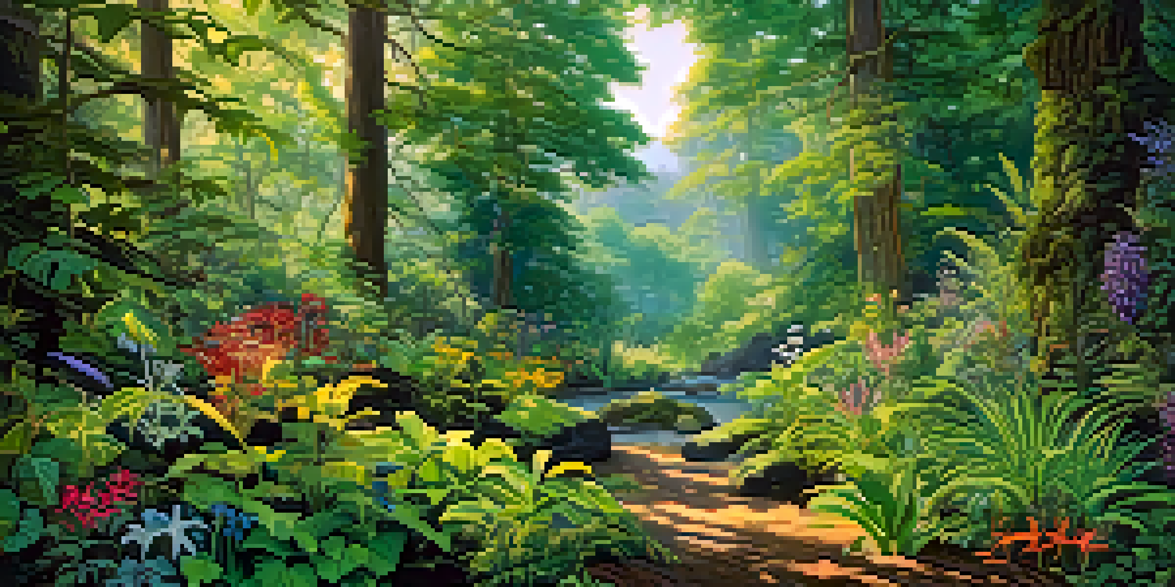 A lush forest filled with various plants, flowers, and small animals, illuminated by sunlight filtering through the trees.