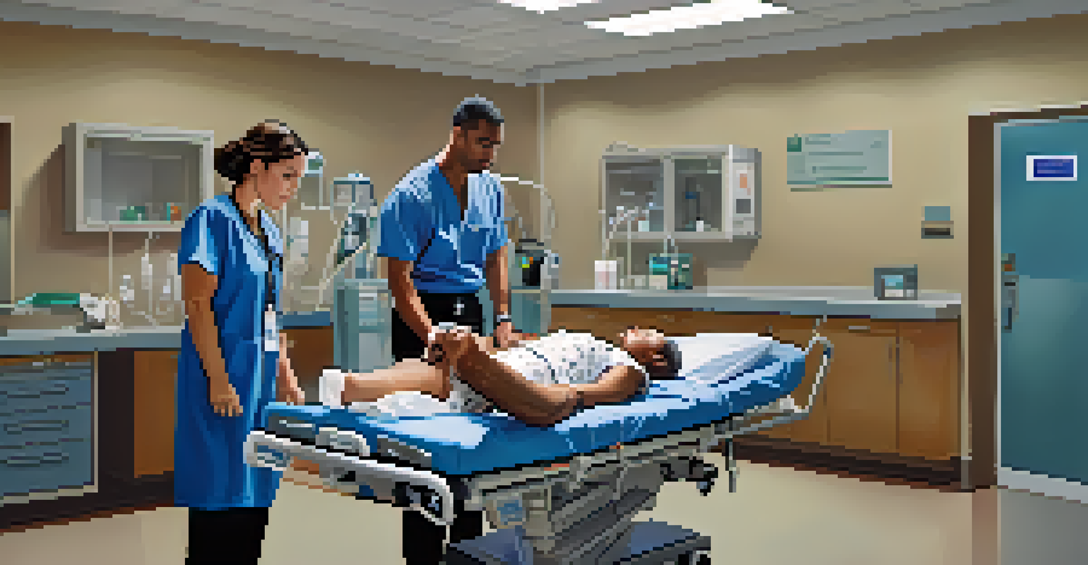 An emergency medical scene with a healthcare worker attending to a distressed patient in a modern emergency room.