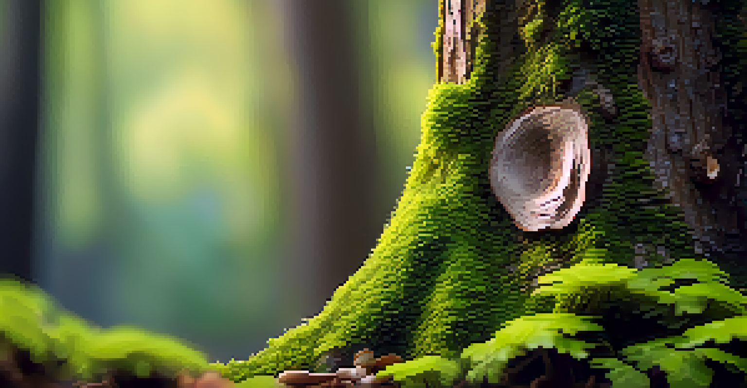 A close-up of a textured tree trunk with moss and mushrooms, surrounded by blurred green foliage.