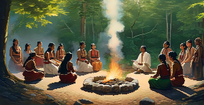 A gathering of Indigenous people in traditional attire around a fire in a forest, with sunlight filtering through the trees.