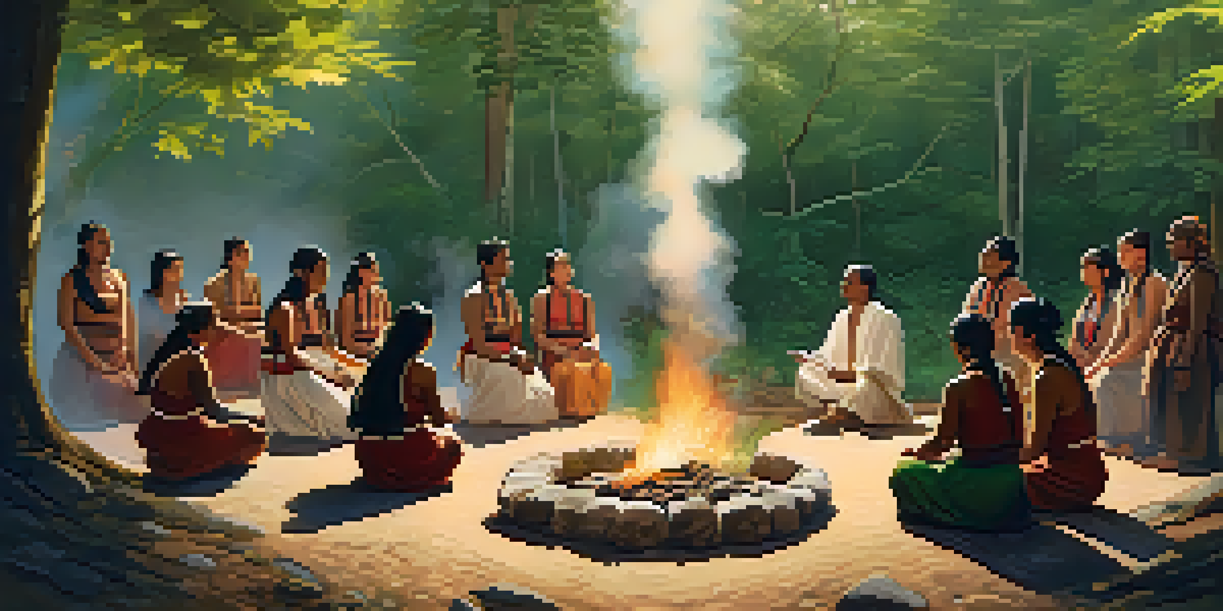 A gathering of Indigenous people in traditional attire around a fire in a forest, with sunlight filtering through the trees.